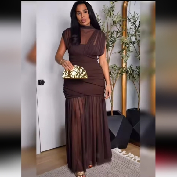 Zara Brown Draped Maxi Dress with Sheer Skirt - Picture 6 of 16